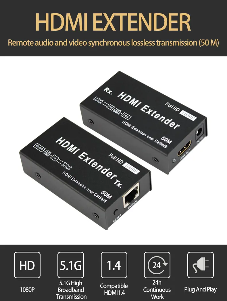 50 м HDMI удлинитель 1080p 3D приемник передатчика HDMI по Cat 5e/6 RJ45 Ethernet конвертер HE50S