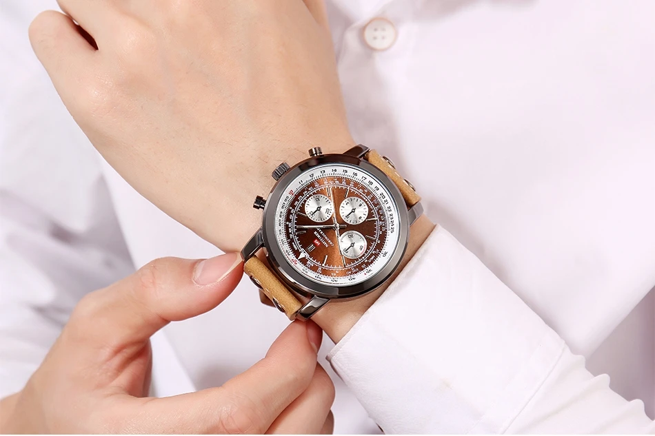 Airplane Sports Military Blue Dial Pilot Calendar Men Wristwatch Chronograph Fashion Casual Brand Army Brown Leather Watches
