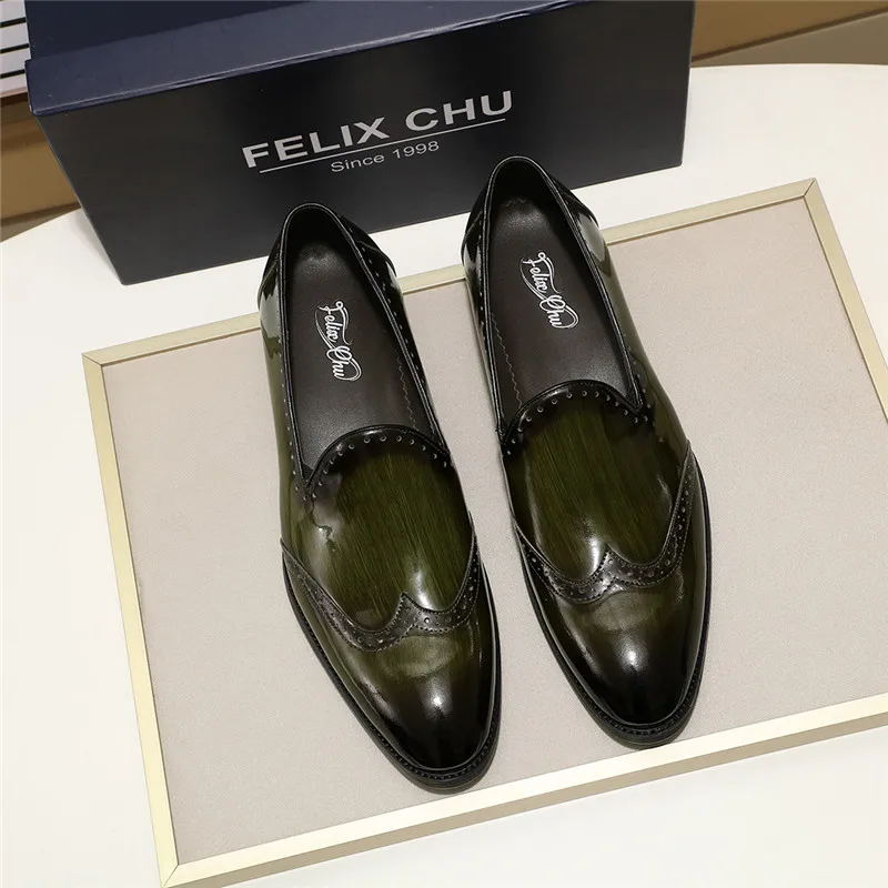 Green FELIX CHU/мужские лоферы из лакированной кожи; Цвет черный, зеленый; кожаная мужская обувь; слипоны с перфорированным носком; Свадебная обувь; обувь в Гуанчжоу - Цвет: Green