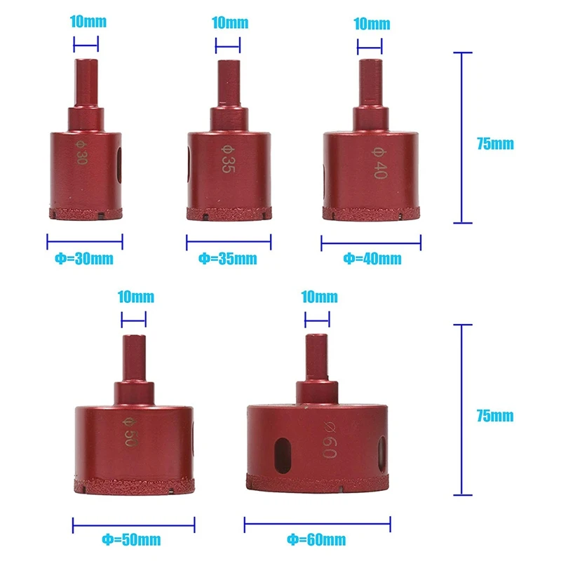

5PCS Large Diamond Drill Bits Hole Saw Cutter, 30/35/40/50/60mm Brazed Diamond Drill Bits Set Circular Coated Core