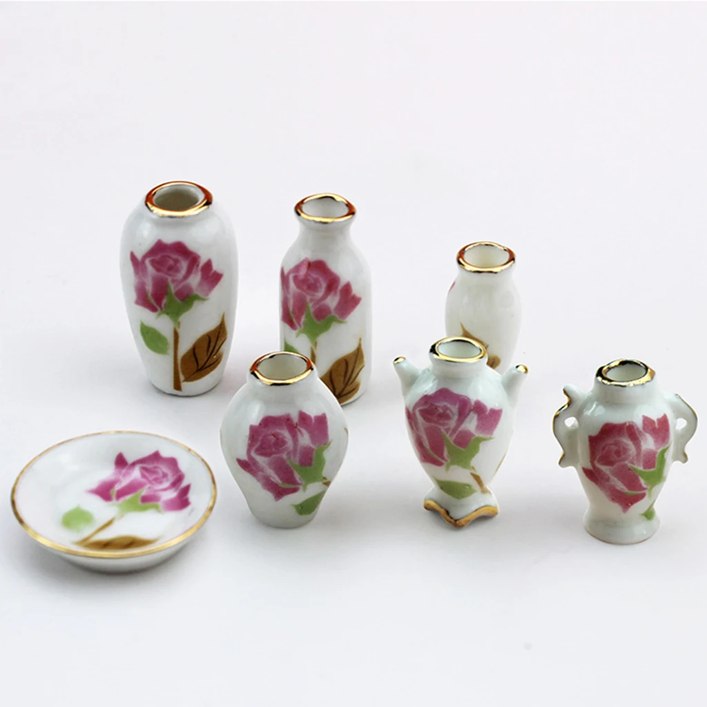 

Set of 7 Mini Ceramic Flower Vases Pots Chinese Pot Jar for 1/12 Dollhouse Living Room Bedroom Decor