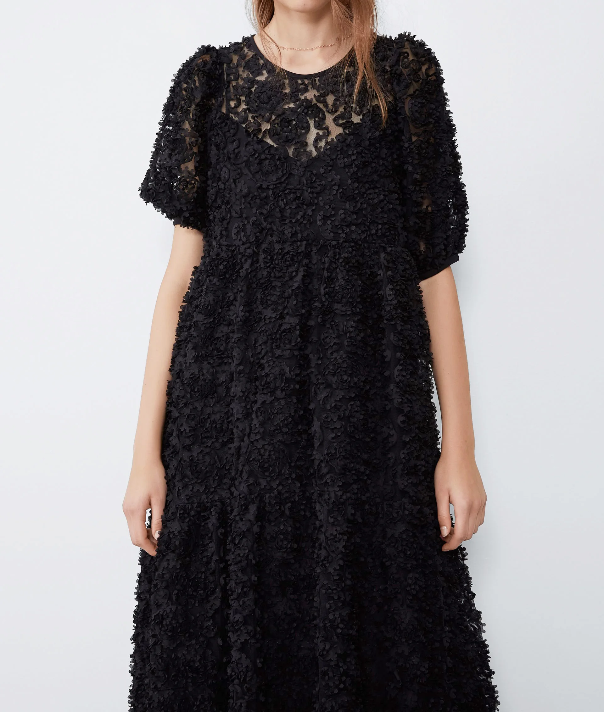 Star firefly casual western puff sleeve round neck openwork lace Za long dress female loose stitching dress women