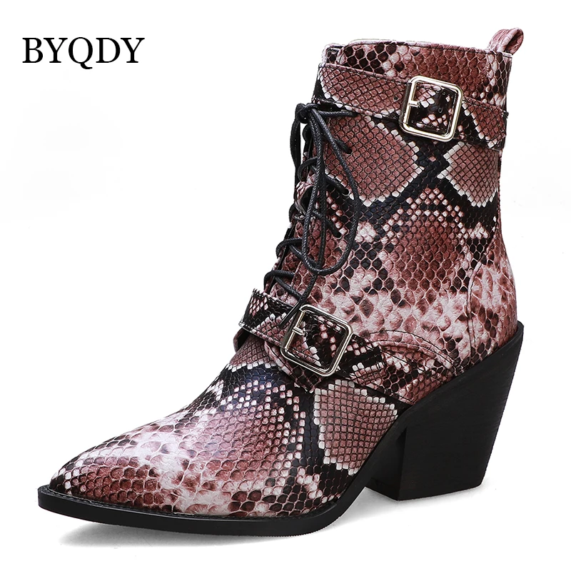 BYQDY Autumn Woman Winter Boots Snakeskin Western Shoes Hoof Heels Lace-up Ankle Birthday booties Comfortable Plus Size 48 | Обувь