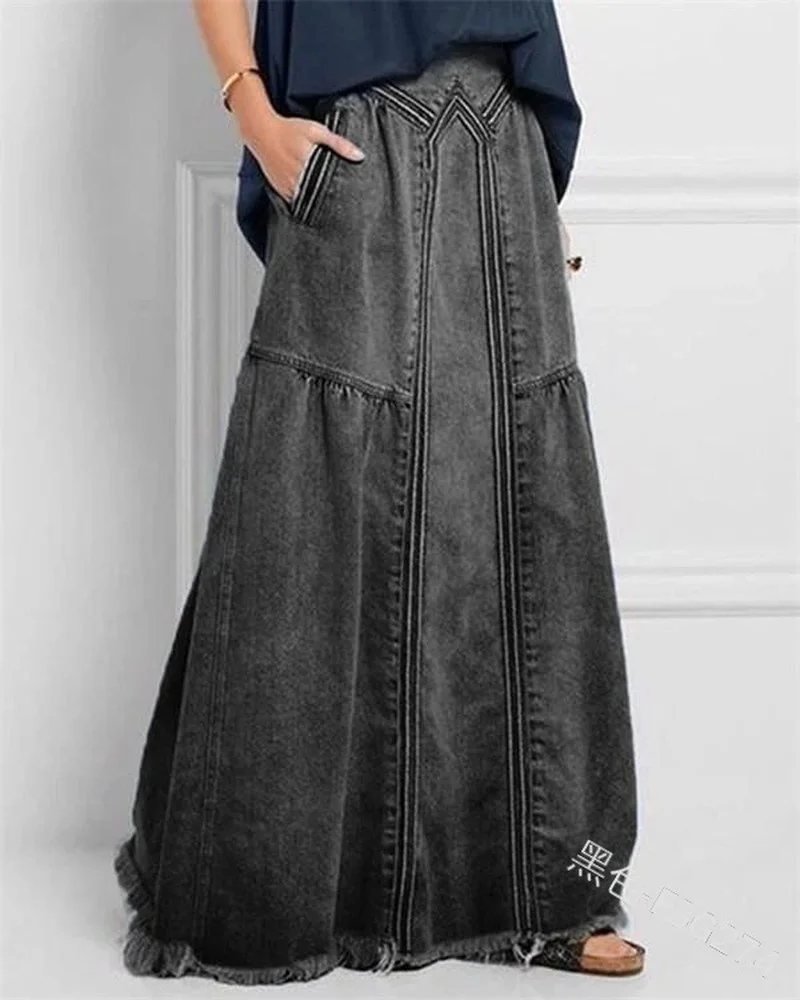 

Mandylandy Women's Fashion Vintage Long Denim Skirt Lady Loose Casual High Waisted Maxi Jeans Skirt Plus Size S-5XL