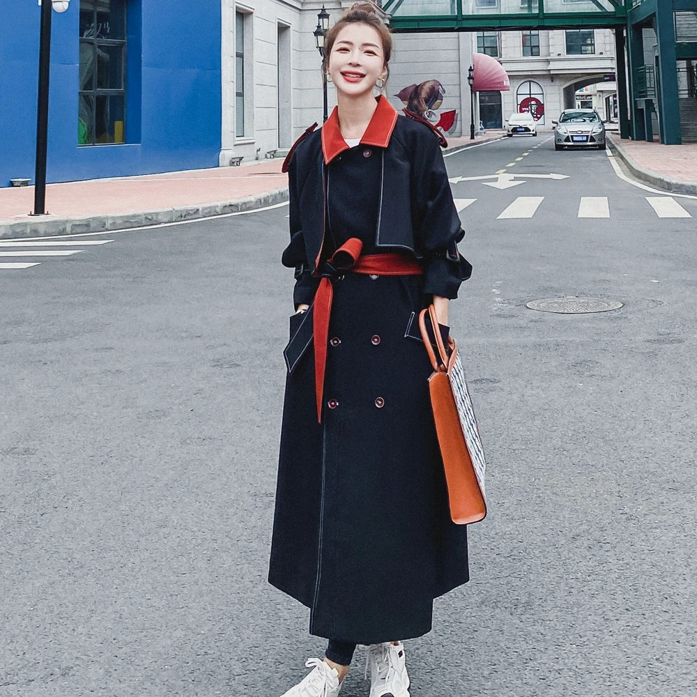 

Женская ветровка Весна-Осень Длинная Корейская Дамский Плащ двубортная ретро-строчка свободная модная женская ветровка