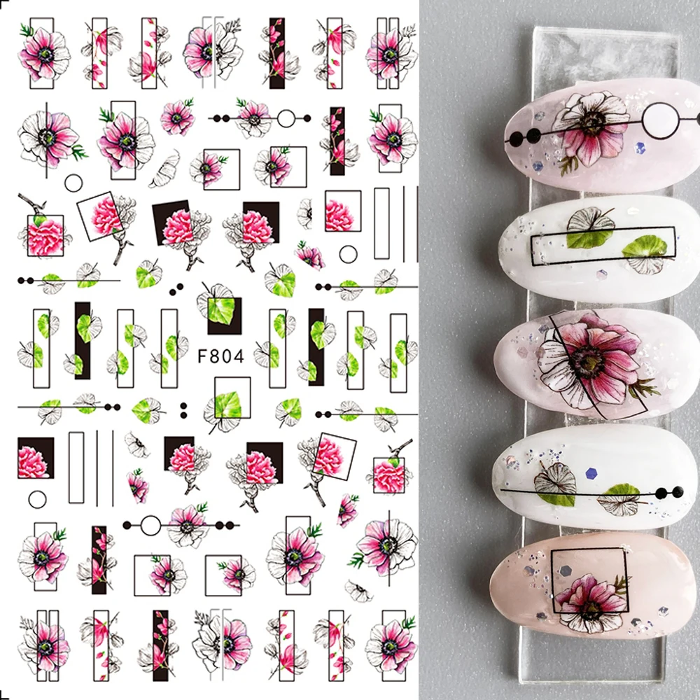 

Самоклеящиеся наклейки для ногтей, Геометрические линии, цветы, листья, 3D наклейки для ногтей, художественное украшение, фольга, дизайн, ман...