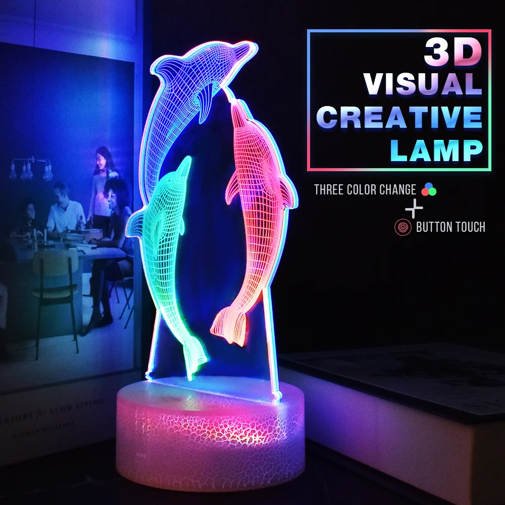 Luces nocturnas para niños, lámpara RGB 3D de delfín recargable por USB, decoración de habitación de bebé, iluminación LED de interior, regalos personalizados, novedad