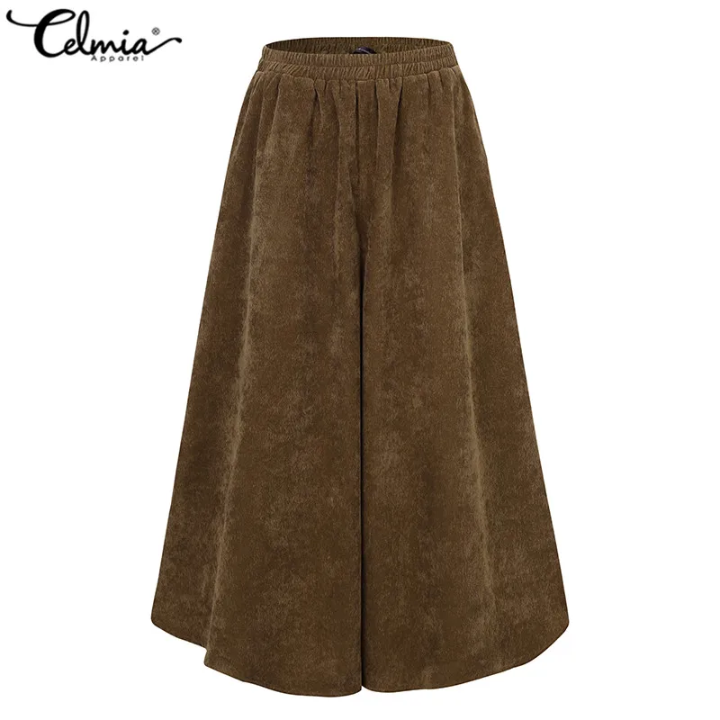 2021 Winter Corduroy Trousers Celmia Women Fashion Autumn Elastic Waist Wide Leg Pants Casual Loose Pantalon Femme 7 | Женская одежда
