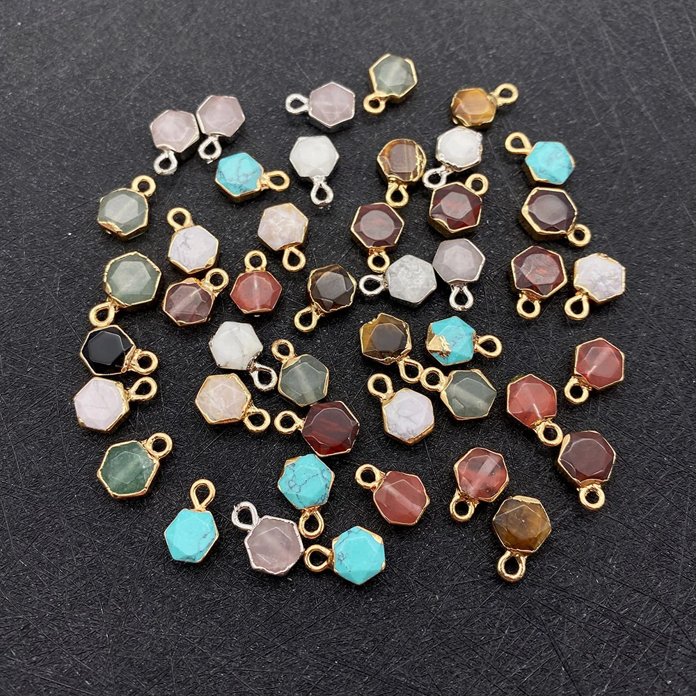 

Small Natural Stone Pendant Faceted Hexagon Tiger's Eye Rose Quartz Turquoise Jewelry Making DIY Necklace Earring Accessories