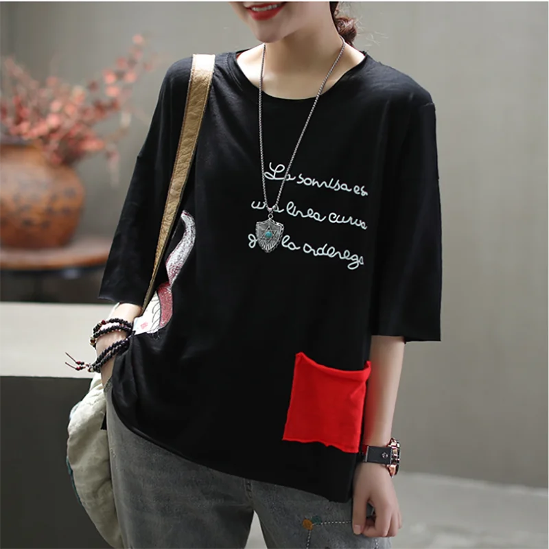 2020 Summer T-shirt Women Loose All-match Tops New O-Neck Short Sleeve Patchwork Print Character Casual Ladies | Женская одежда