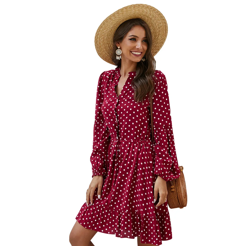 Red White Black Polka Dot Shirt Dress Women Party Bandage Plus Size Elegant Chiffon Button A-Line Long Sleeve Robe Fille Vestido | Женская