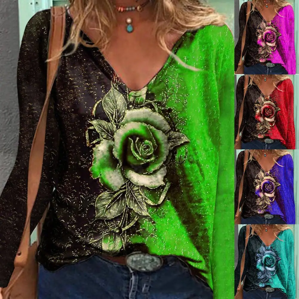 

Top Sexy Floral Print Long Sleeve Deep V Neck Casual Loose T-shirt 2021
