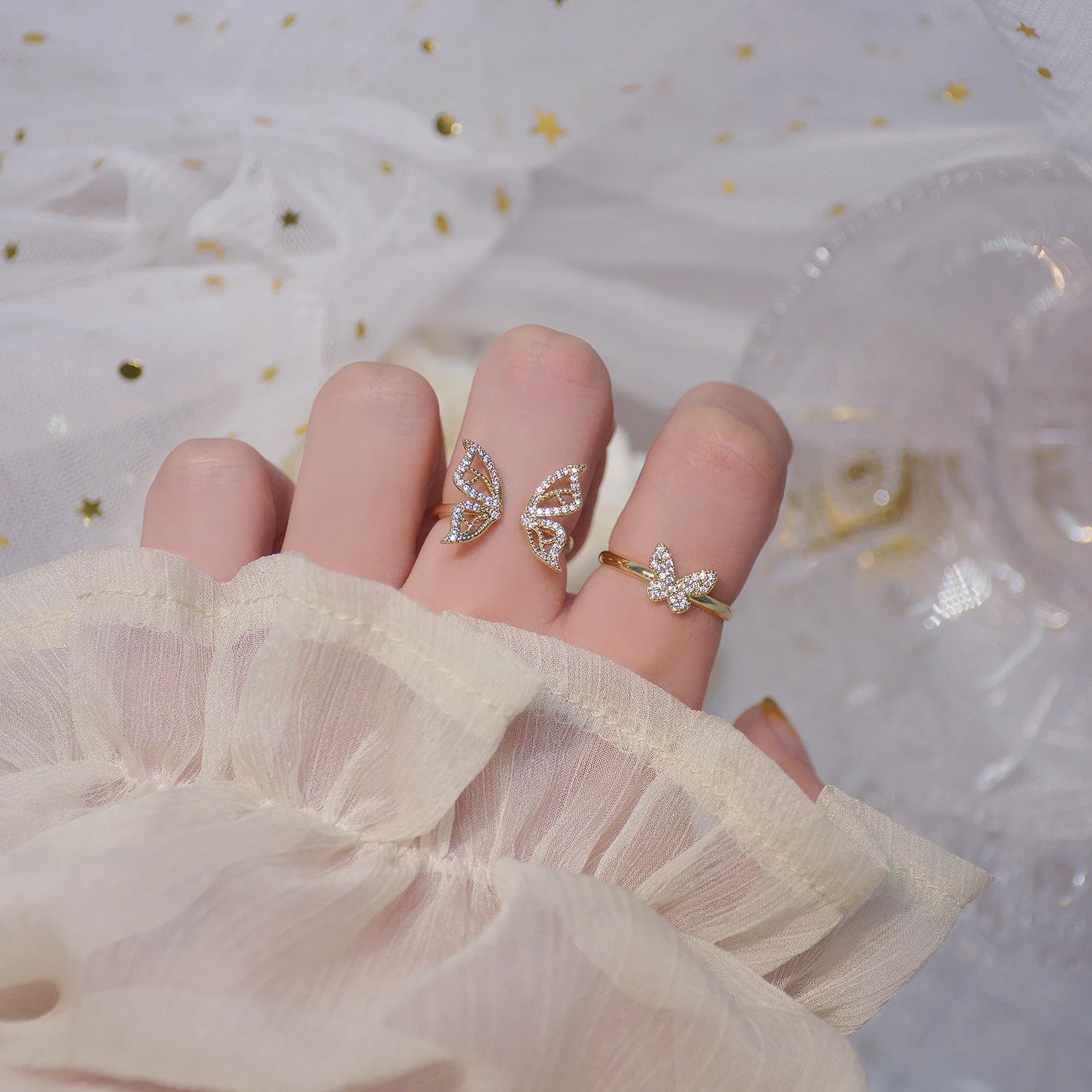 

Luxury Butterfly Open Ring for Women Metal Adjustable Bowknot Inlaid Zircon Party Jewelry Accessories Gift