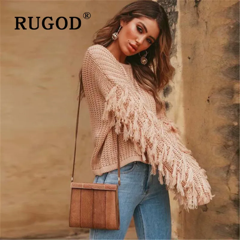 RUGOD/трикотажное женское платье с кисточками на рукавах зима 2019 auturm круглый вырез