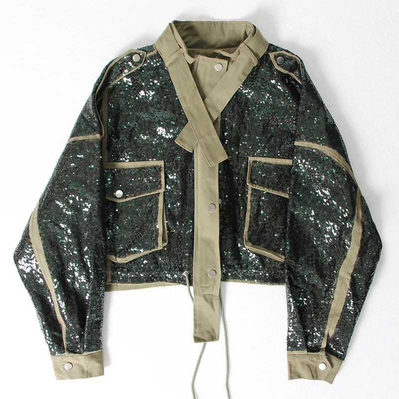 Уличная мода новинка Весенняя короткая Дамская куртка болотного цвета с