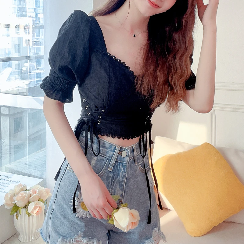 

Summer Elegant Women Lace Up Slim Crop Top+ Denim Short 2 Piece Clothing Sets Casual Short Pants Suits