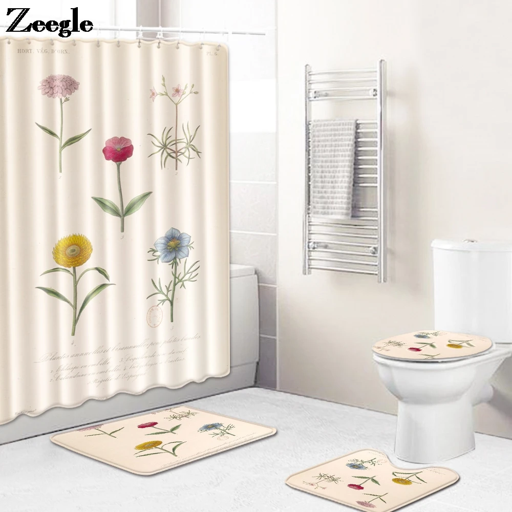 

Cartoon Style Floral Bath Mat and Waterproof Shower Curtain Set Printing Toilet Mat Memory Foam Toilet Seat Cover Mat Foot Mats