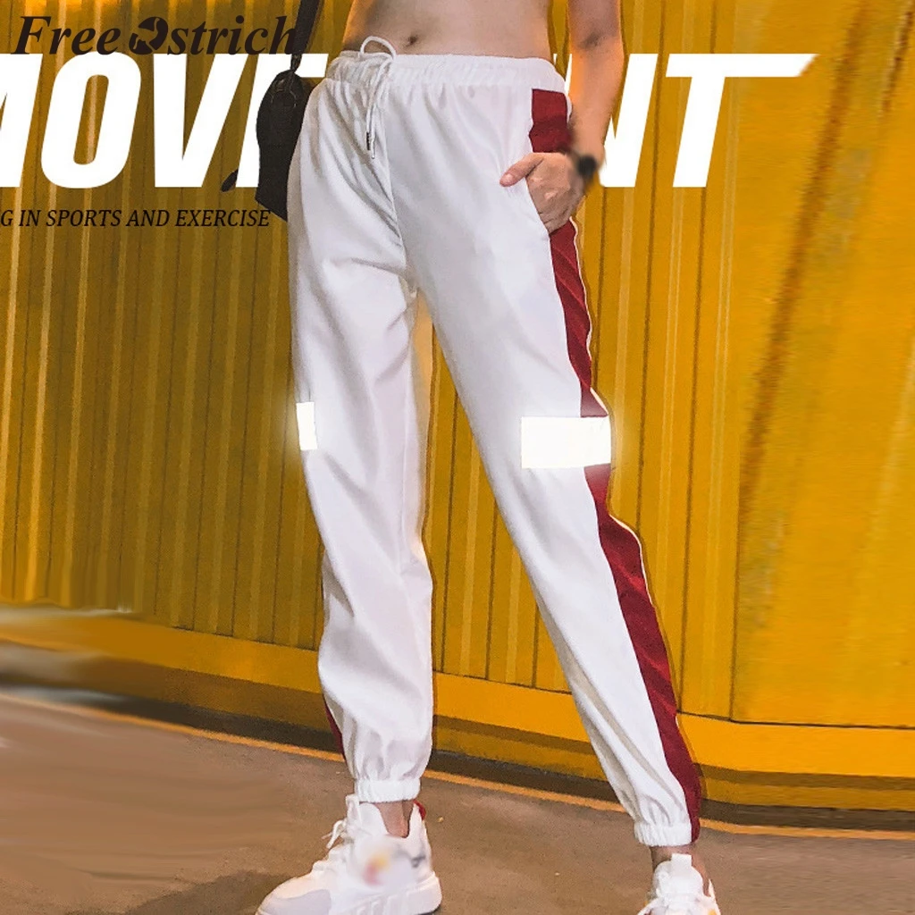 Бесплатная Страусиные брюки женские светоотражающие полосы сшитые ремень