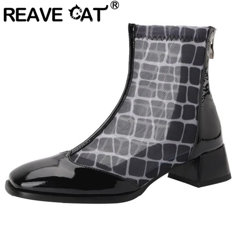 

Женские ботинки до середины икры REAVE CAT, летние полусапожки с квадратным носком и сетчатыми вставками, повседневные полусапожки на квадратн...