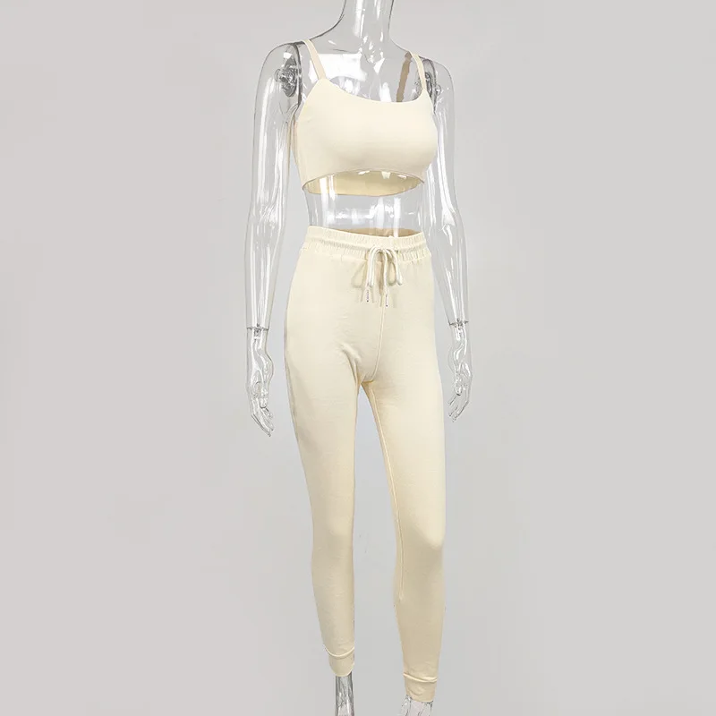 

Sexy 2 Piece Outfit Set Sleeveless Cropped Tank Top Drawstring Leggings Women Set 2020 Summer Autumn Sports Fitness Sweat Suit