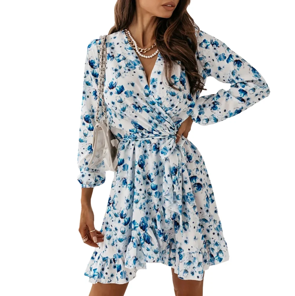 

2021 Elegant Beach Women Mini Dress Sprint Casual Floral Print Cross V-neck Long Sleeve Lace Up Waist Irregular Ruffle Dress D30