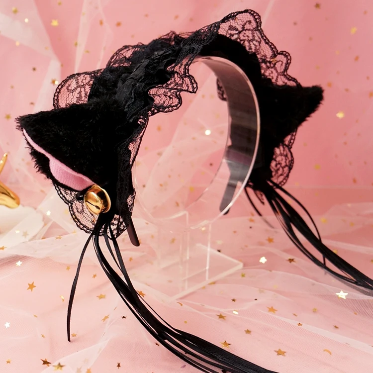 Black Японская девушка кружева колокольчики кошачьи уши повязка Лолита горничной наголовный обруч кошачьи уши головной убор обруч ручной работы - Цвет: Black