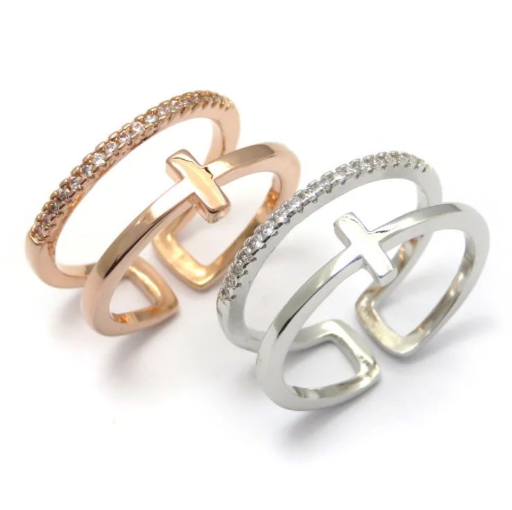 

2021 New Silver Color Double Cross Ring Simple Adjustable Size Multi-layer Opening Rings for Women Party Fashion JewelryC2673