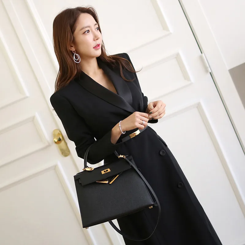 Женский Повседневный двубортный тренчкот простой классический черный с