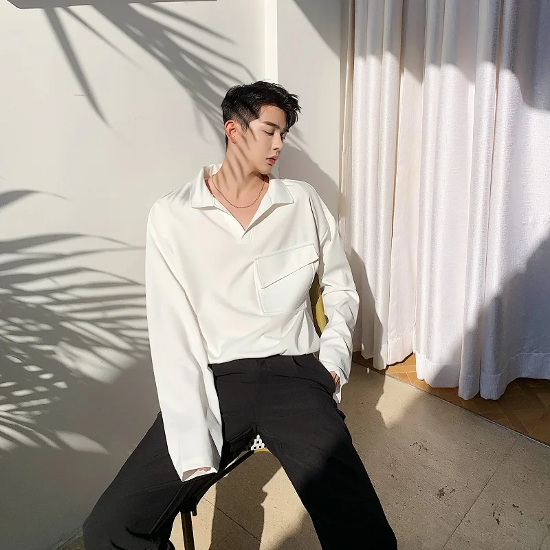 

M-XL Jacket Men Turn Collar Long Sleeve Casual T-shirt Male Streetwear Vintage Fashion Packet Pullover Tee Shirt