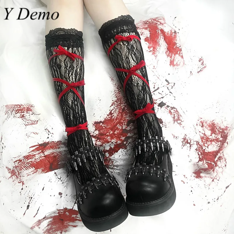 

Y Demo Gothic Japanese Lolita Lace Up Women Slim Cute Ribbons Socks