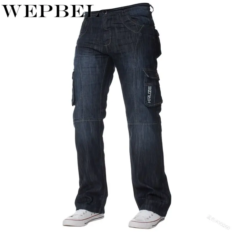 

WEPBEL High Quality Designer Washed Denim Long Pants with Pocket Plus Size New Men's Fashion Denim Jogger Cargo Jeans