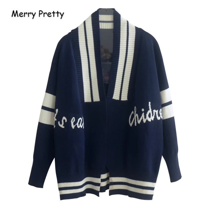 

Женский вязаный кардиган MERRY PRETTY, однобортный свободный свитер с вышитыми буквами и V-образным вырезом, полосатые трикотажные свитера