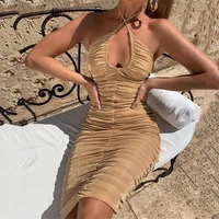 fashion hot girl halter midi dress sexy hollow out low cut sheath pleated vestido solid sleeveless backless skinny bag hip dress