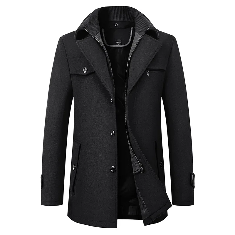 New Men Trench Coat Autumn Winter Thermal Classic Solid Color Lapel Slim Fit Overcoat Male Business Leisure Wool Blends Coat