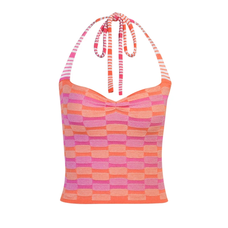 Camiseta de algodón 2021 para mujer, Top corto de almazuela de rayas con cuello Halter cruzado, camiseta sin mangas con tirantes, camisetas recortadas para mujer 100%