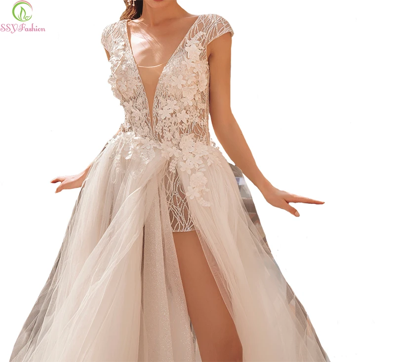 SSYFashion/новое вечернее платье, пикантное, белое, с v-образным вырезом, с Блестками, Бисером, кружевное, цветочное, с высоким разрезом, с открытой спиной, вечерние платья, Robe De Soiree