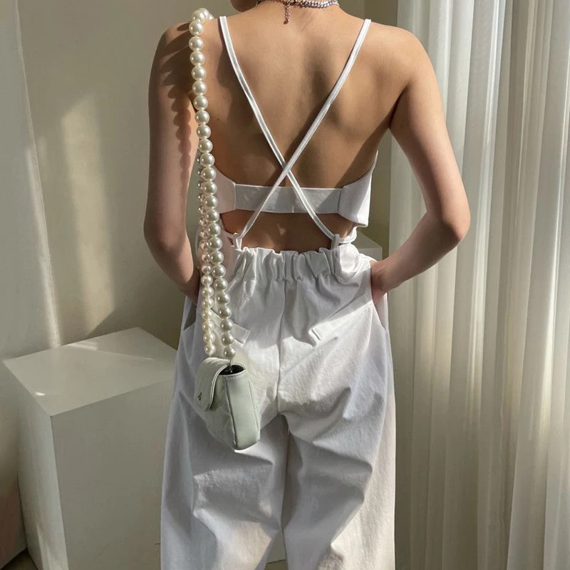 

Women Jumpsuits Harajuku Summer Korea Retro Zipper Design Open-Stitched Double-Pocket Wide-Leg Straight Sling Jumpsuit