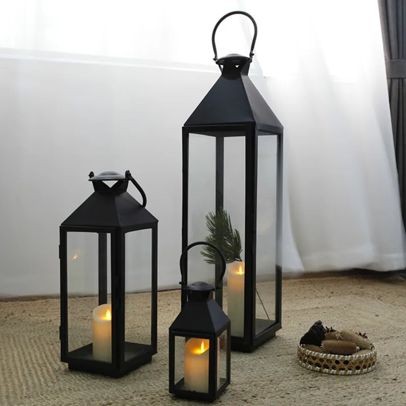 

Ветрозащитный черный металлический подсвечник, стеклянный Простой Большой Подсвечник в скандинавском стиле, металлический глазурь, канде...