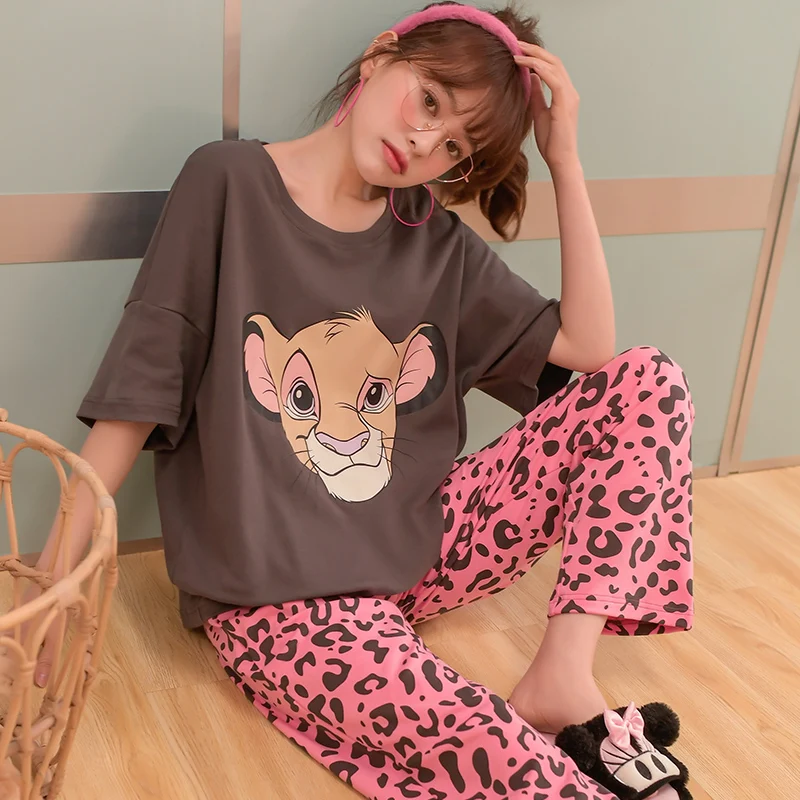Women's Cotton Home Suit Pajama Sets Short Sleeve Pants Lion King Simba Leopard Print Cute Anime Spring Summer Pajamas Women