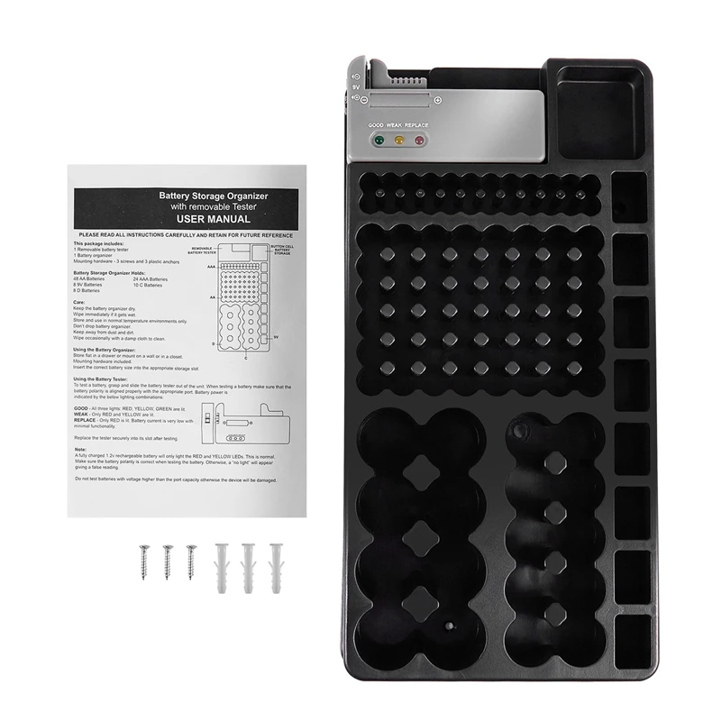 Battery Storage Organizer Holder With Tester - Battery Caddy Rack Case Box Holders Including Battery Checker For AAA AA C D 9V A