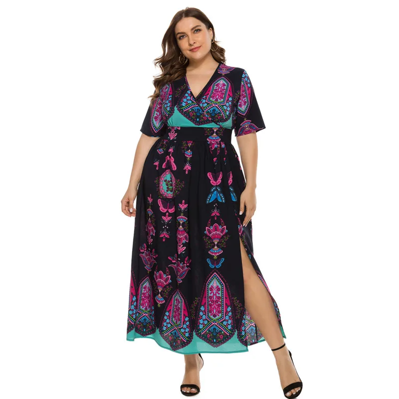 

Plus Size Women's Dress Elegant Vintage Temperamental Aristocratic Print Long Office Ladies Vintage Oversize Basic Woman Dress