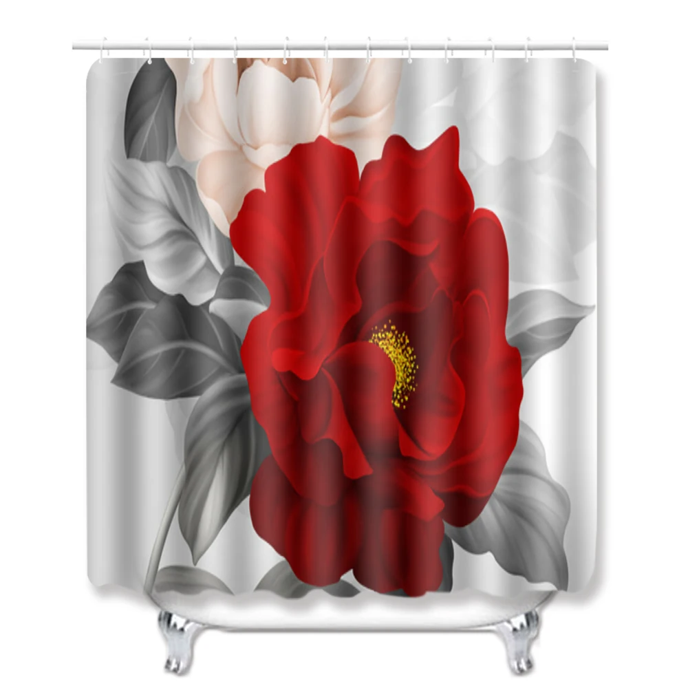 Red Flower Shower Curtain Bathroom Waterproof Set Pedestal Rug Lid Carpet Toilet Cover Bath Mat | Дом и сад