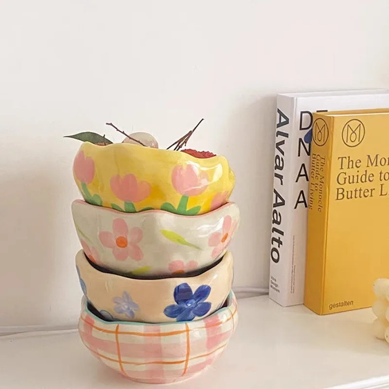 

Nordic Small Flower Ceramic Bowl Cute Kitchen Tableware Popcorn Bowl Home Decor Vintage Salad Noodles Food Fruit Bowl