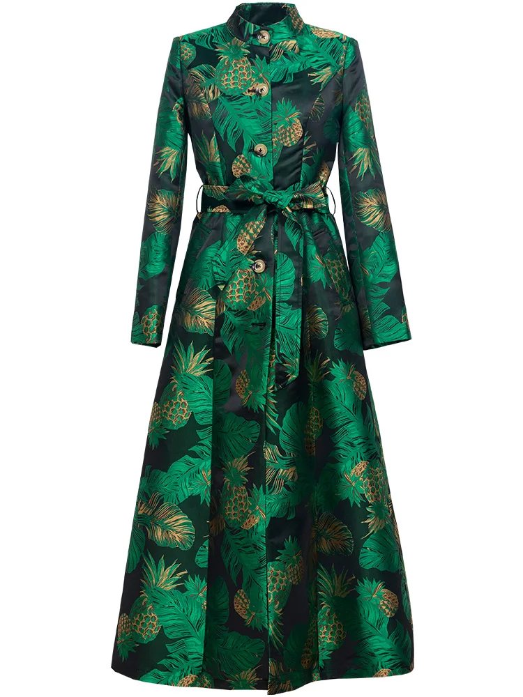 

Dobby Single Breasted Long Coat Turn-down Collar Windbreaker Full Length Overcoat Runway Pockets Slim Waist with Belt DZ2570