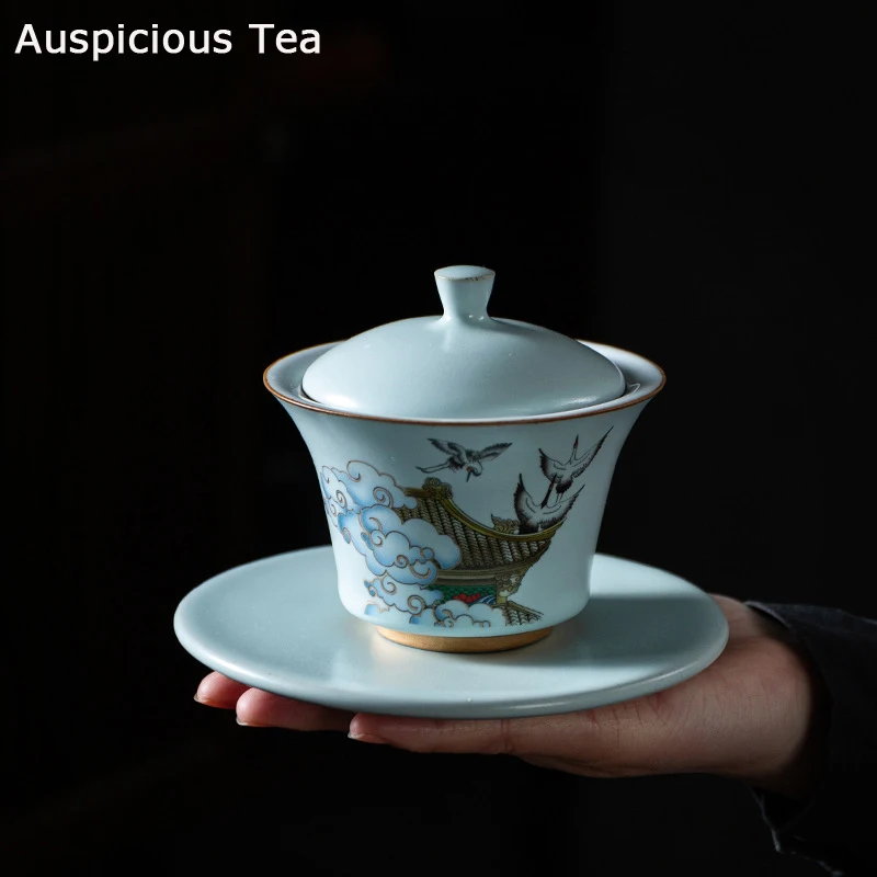 

140ml Covered Bowl Ru Kiln Azure Glaze Ceramic Gaiwan Kung Fu Tea Set Small Tea Tureen Tea Cup Anti Scalding Tea Sancai Bowl Mug