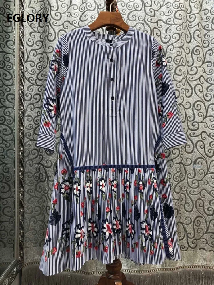 

2020 Summer Fashion Striped Dress High Quality Women Floral Embroidery Ruffle Patchwork Half Sleeve Casual Cotton Dress Lolita