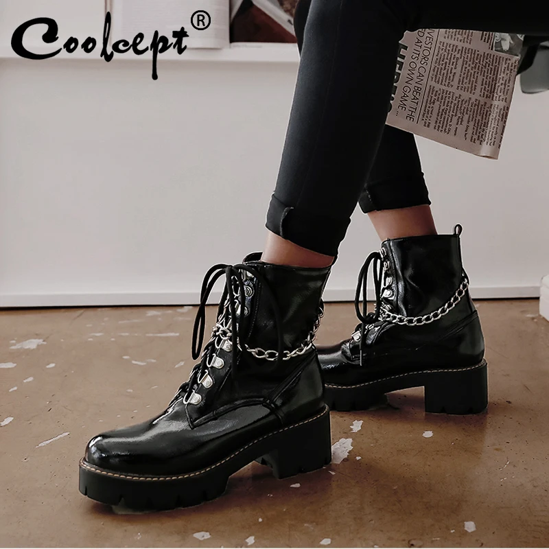 Women Ankle Boots Fashion Black Metal Chain Gothic Shoes Casual Lace Up Square Heels Platform Size 34-43 | Обувь