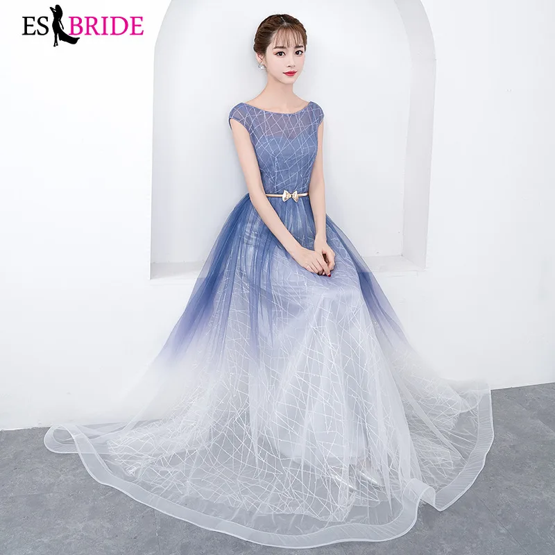 Формальные Вечерние платья ES2995 Элегантные Синие с круглым вырезом и короткими