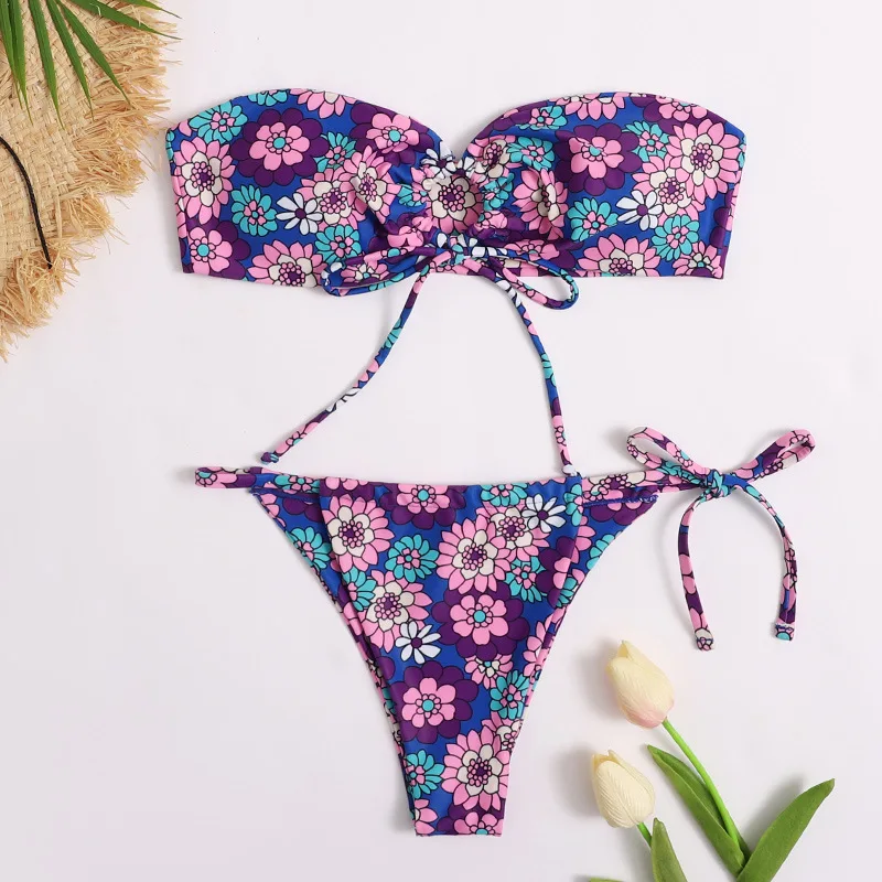 

2020 Printed Swimsuit Women's Sexy Swimsuit Party Floral Print Strappy Bikini String Bikini Bandeau Plus Size Swimwear