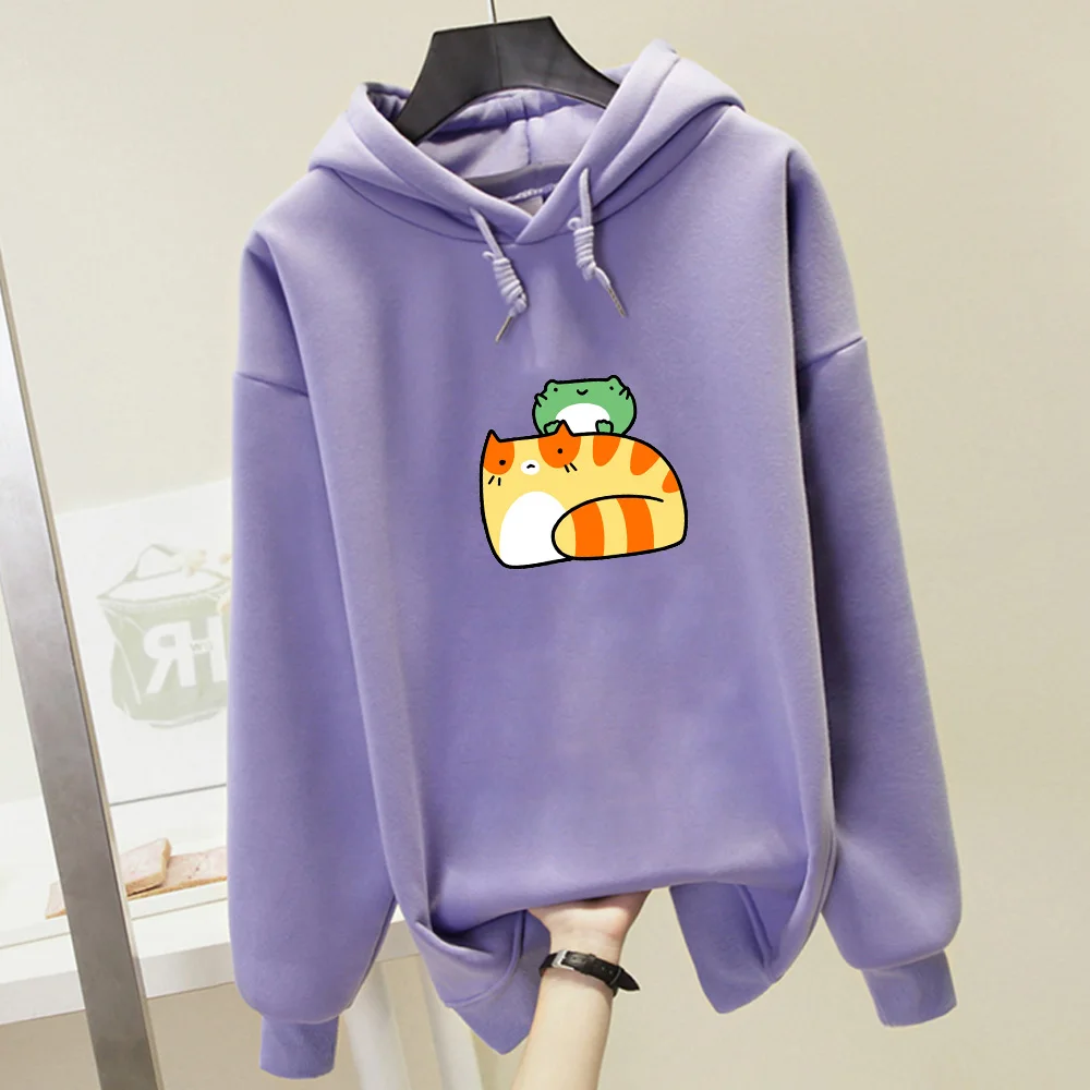 

Oversized Women Harajuku Cat Hoodie Frog Printed Sweatshirt Women Autumn Winter Streetwear Pullovers Graphic Thick Warm Hoodies